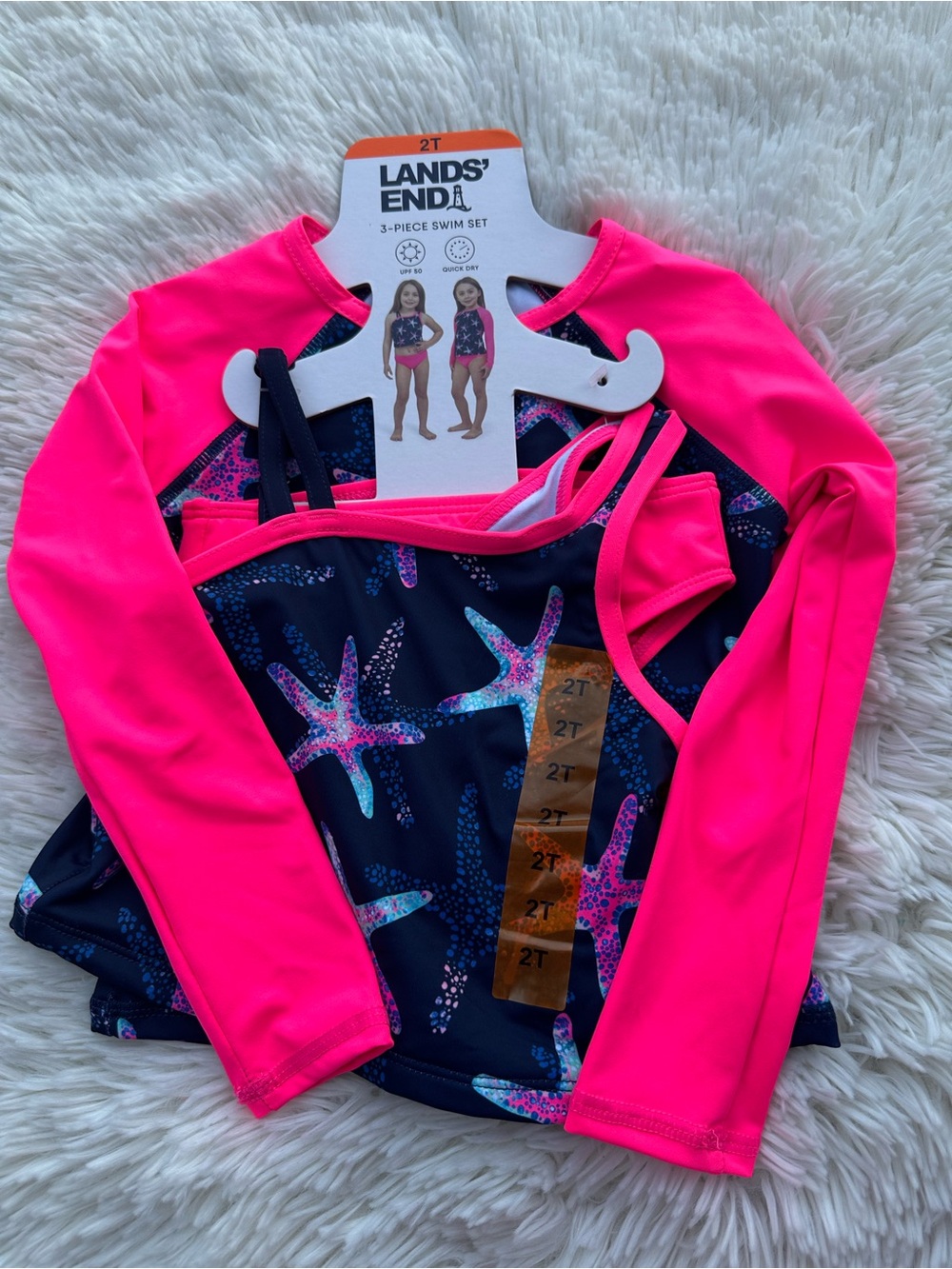 Lands' End Girls' 3-Piece Starfish Swim Set - Neon Pink & Navy size 2T